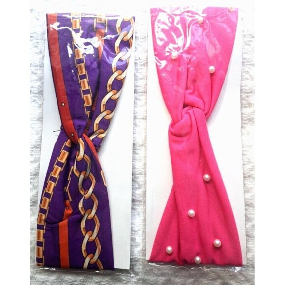 Lot of 2 Stretchy Headbands in Package Pink - Beads  Purple - Chain/Belt Design - Picture 1 of 6